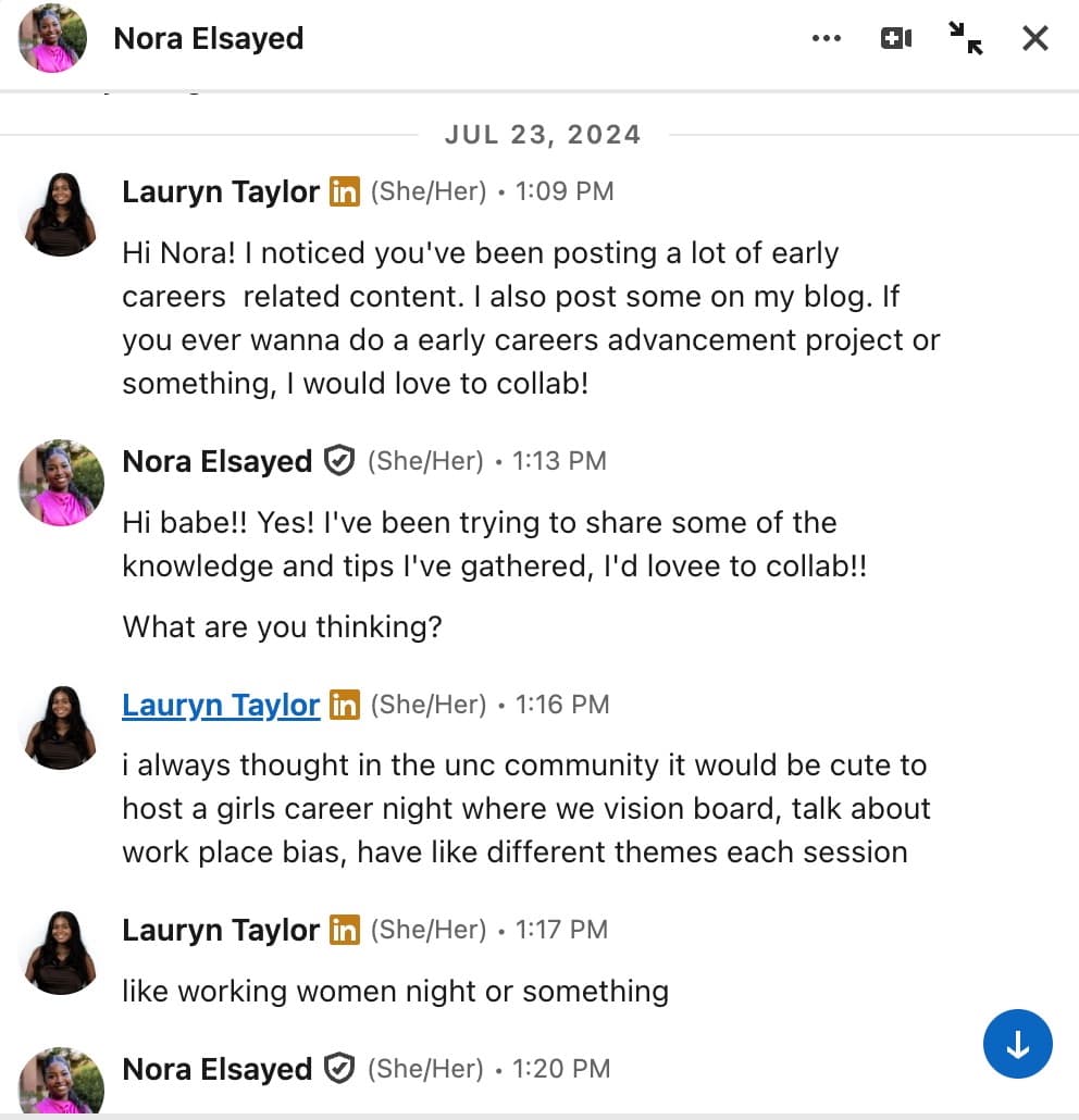 LinkedIn message between Lauryn and Nora